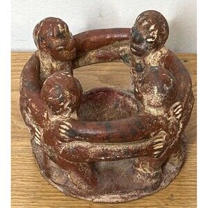 Mexican Red Pottery Aztecan Circle Of Friends Vntg Incense Burner 5.5”x4.5” tall
